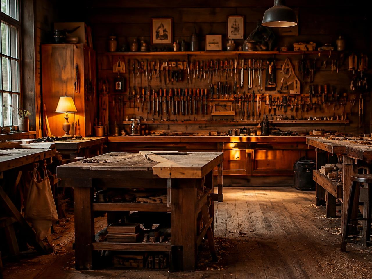 Il laboratorio: parete di utensili a mano e banchi da lavoro in legno