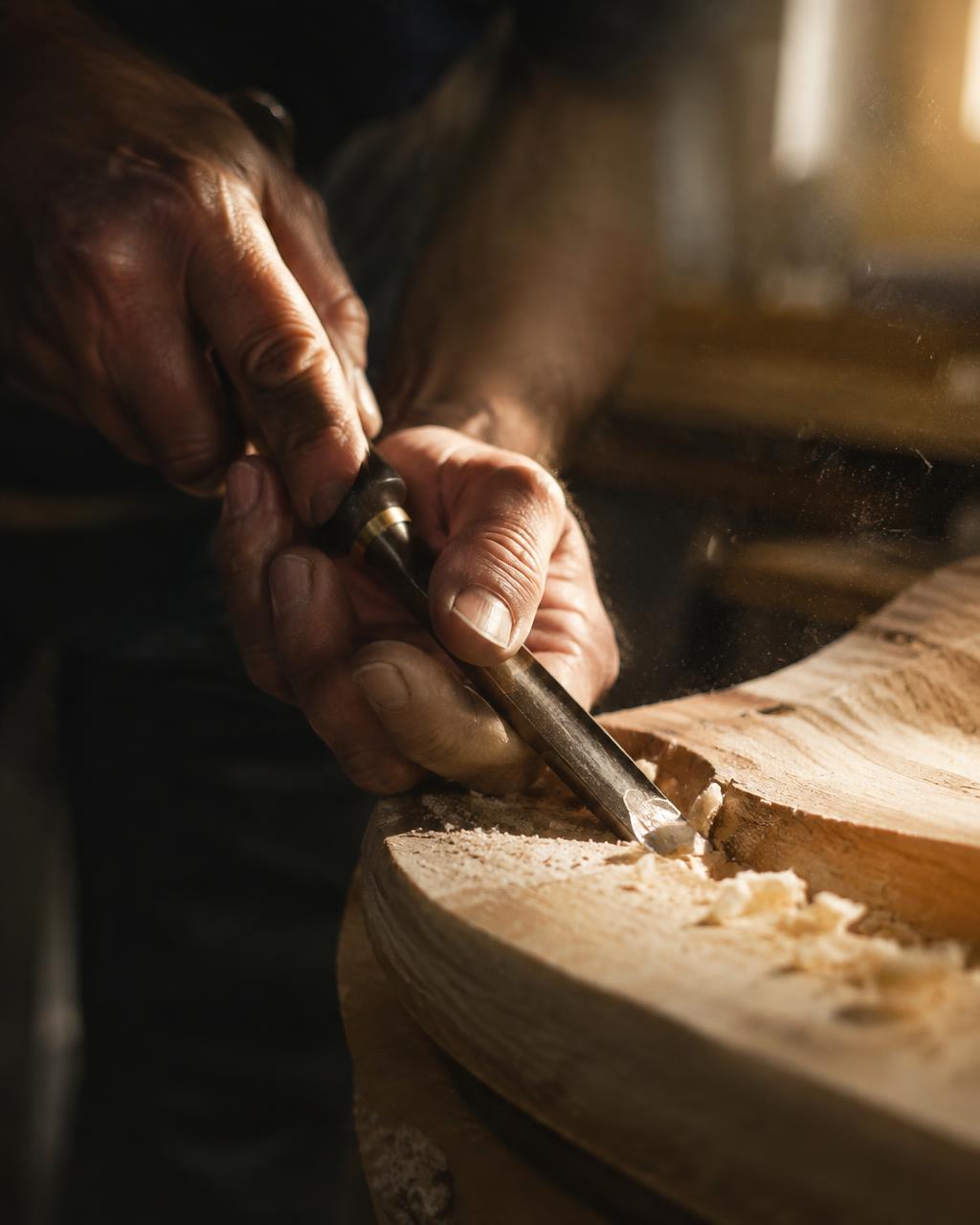 Mani del falegname al lavoro con lo scalpello su un pezzo di legno